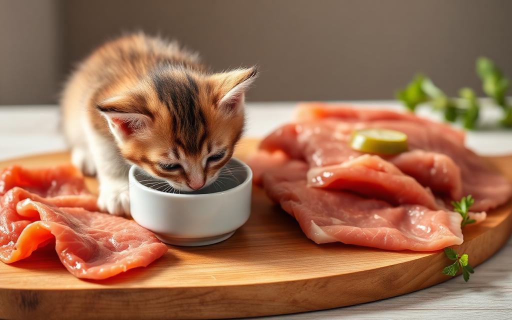 Gatito comiendo junto a porciones de carne fresca